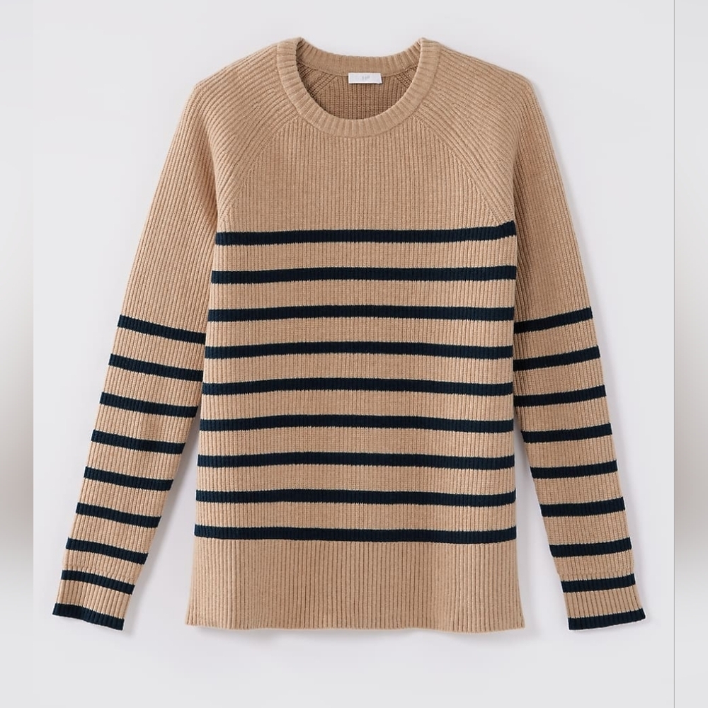 J Jill Tan Navy Blue Striped Ribbed Cozy Knit Crew Neck Sweater Women's Size XL